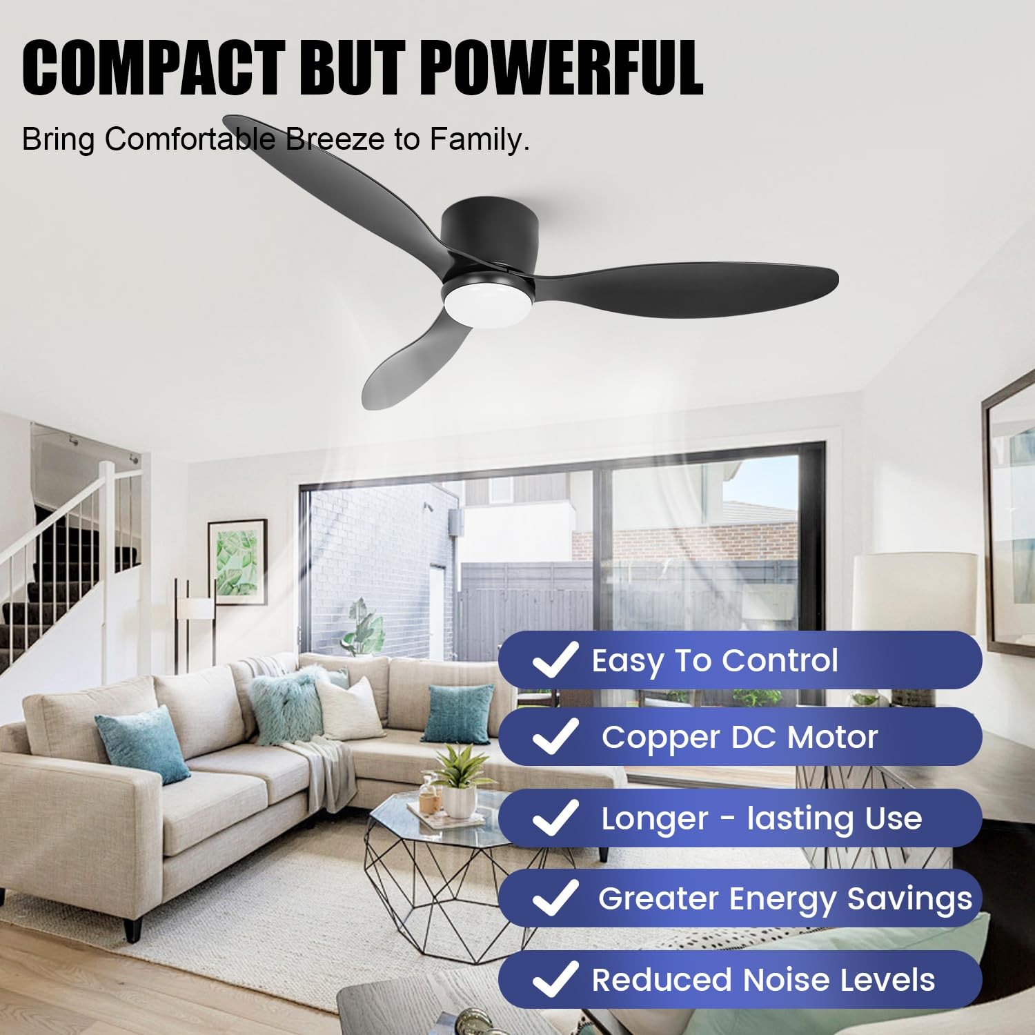 52" Ceiling Fan with Light amd Remote, Black Flush Mount Low Profile Ceiling ...