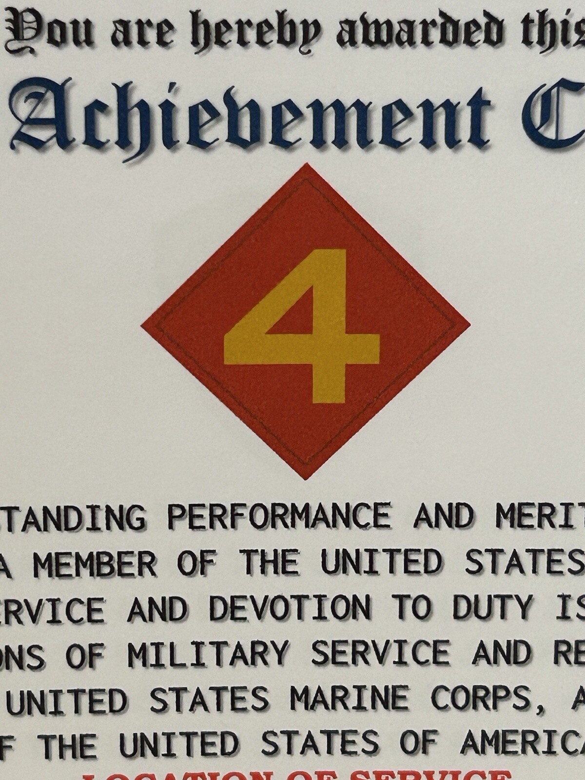 U.S. MARINE CORPS / 4TH MARINE DIVISION - MERITORIOUS ACHIEVEMENT COMMENDATION