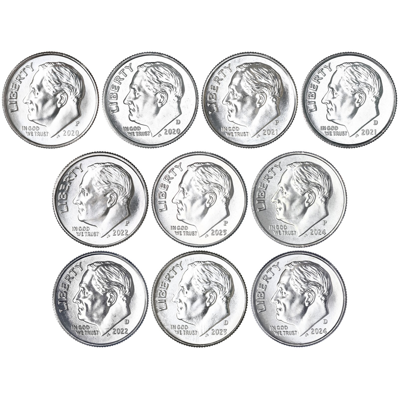 2020-2024 P D Roosevelt Dime BU Run 10 Coin Set