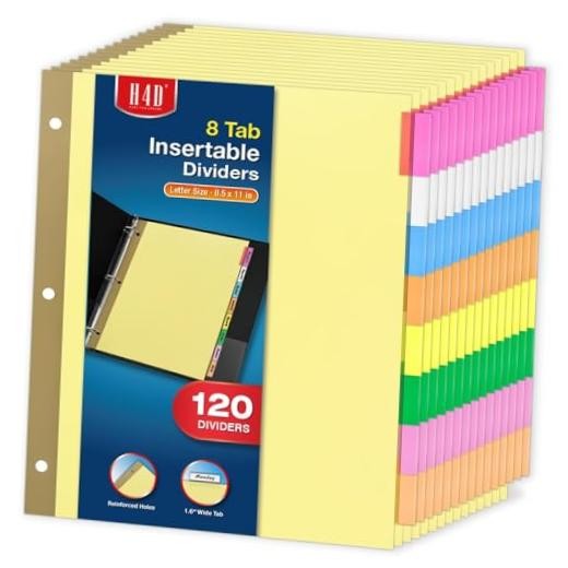 H4D 120 Pack Insertable Binder Dividers with 8 Tabs for 3-Ring Binder |