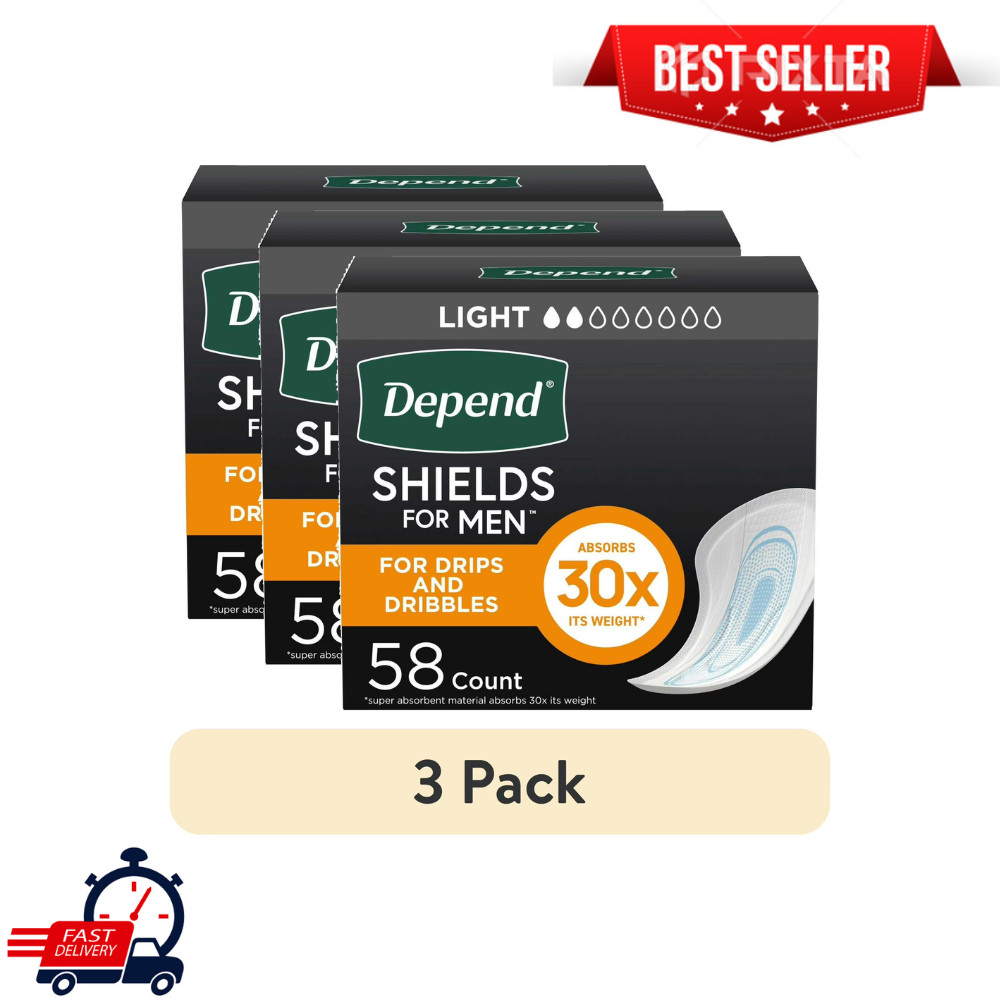 (3 Pack) Depend Shields Incontinence Pads for Men, Light Absorbency, 58 Count