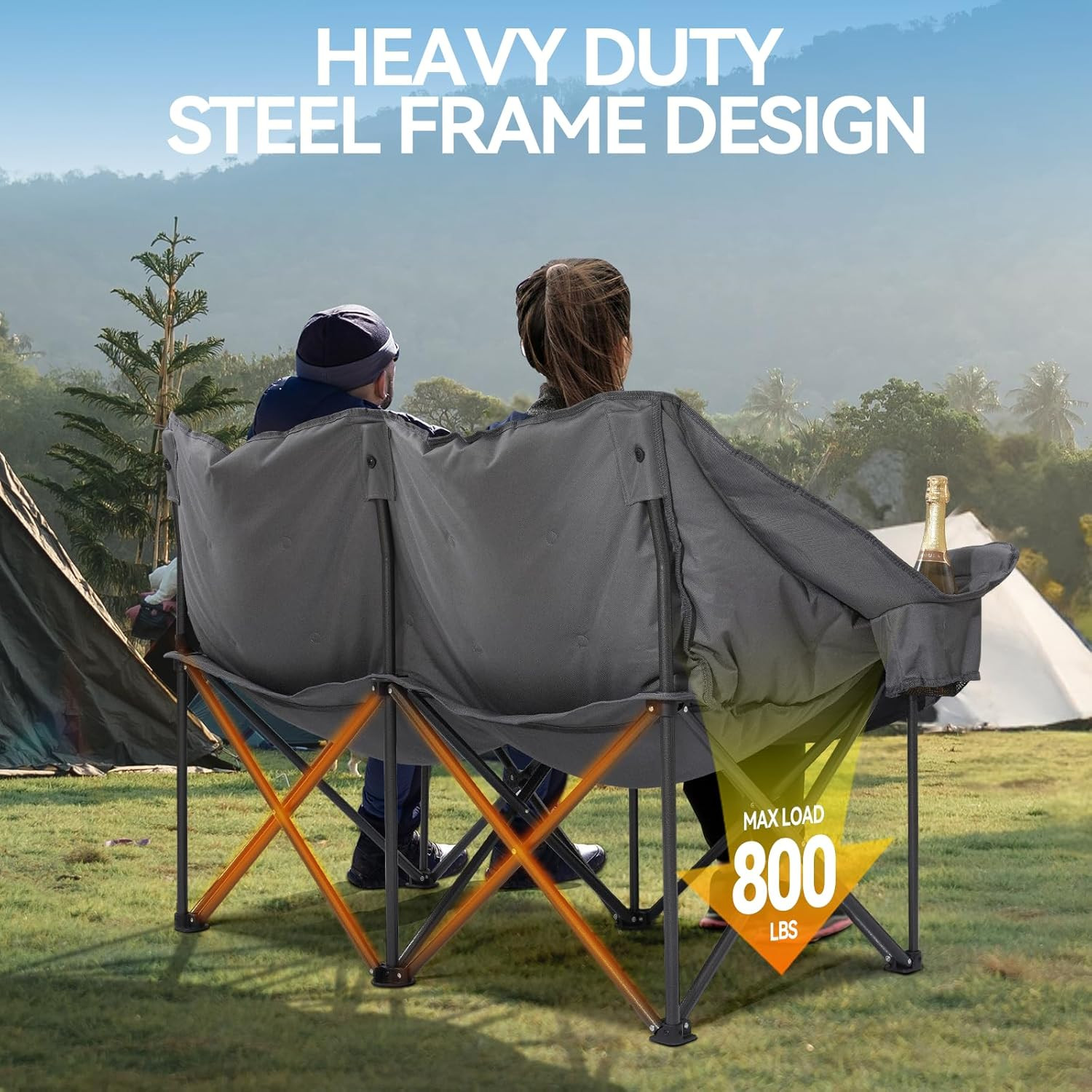 Oversized Double Camping Chair with Cup Holders and Carry Bag, Grey