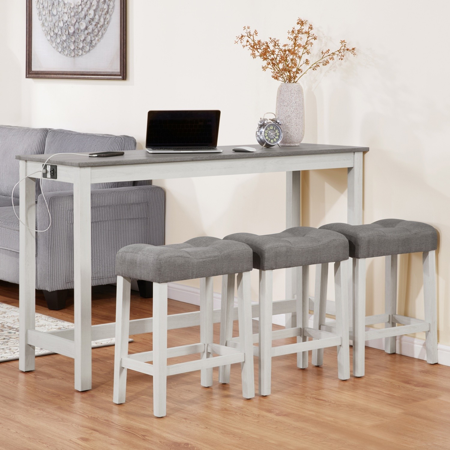Counter Height Bar Table Set with USB Port Modern 4 Piece w/ 3 Saddle Stools US