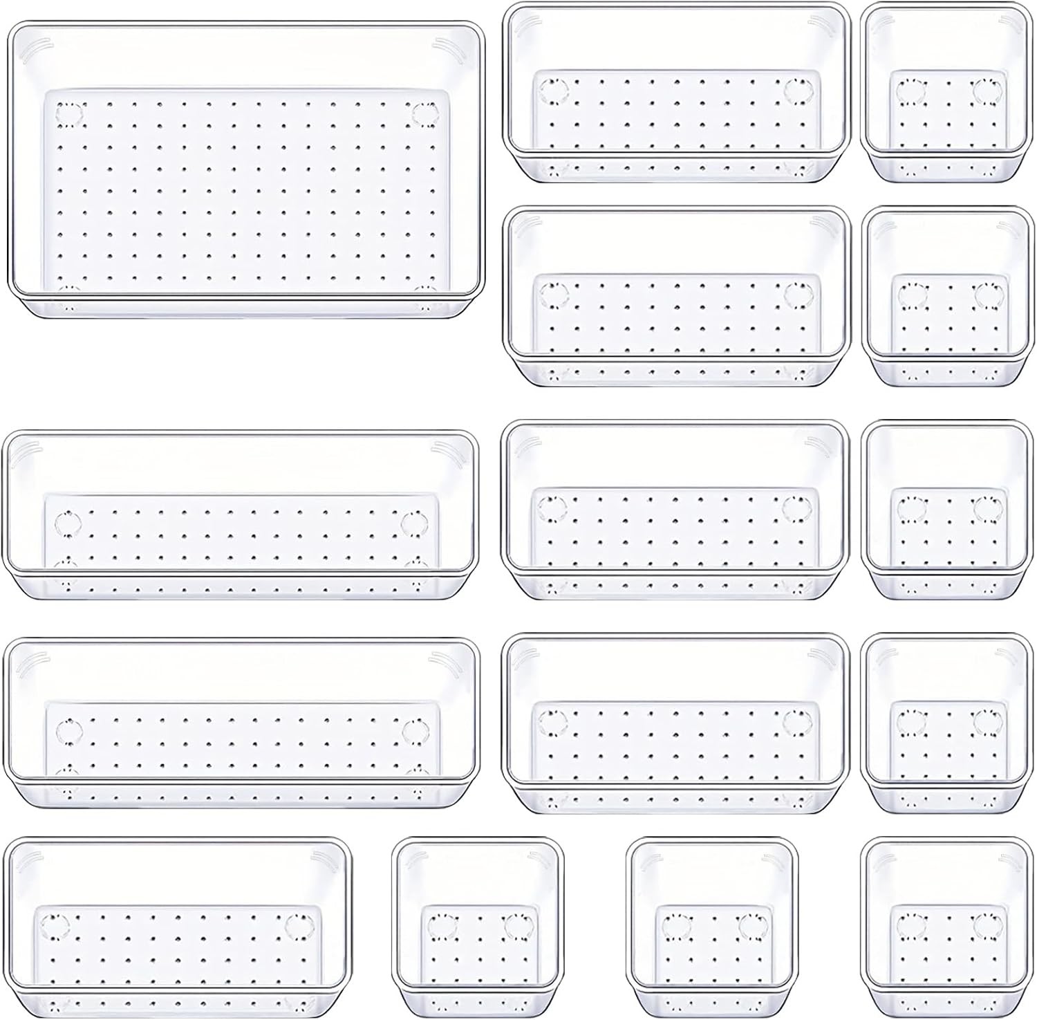15 Piece Clear Drawer Organizer Set 4 Size Plastic Storage Bins for Desk Kitchen