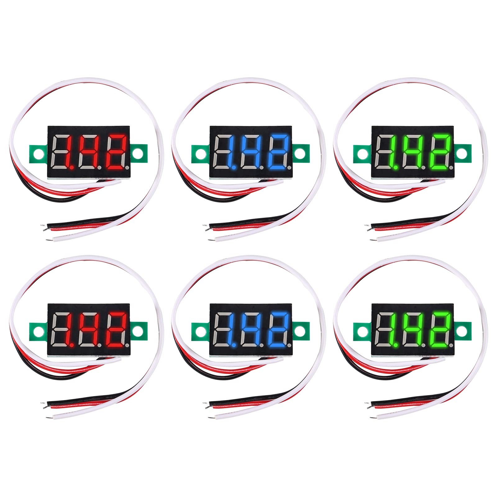 Diitao 6PCS Voltage Tester Small Digital Voltmeter 0-100V, Red,Blue,Green