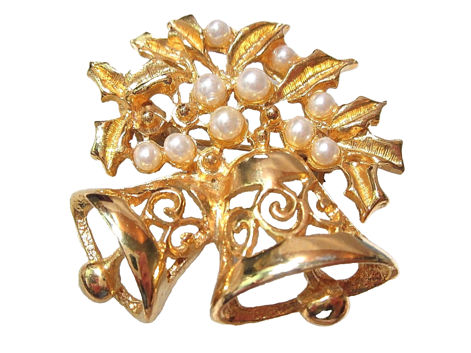 CHRISTMAS PIN FAUX PEARL BELLS CARVED OPEN WORK PRETTY HOLIDAYS BROOCH