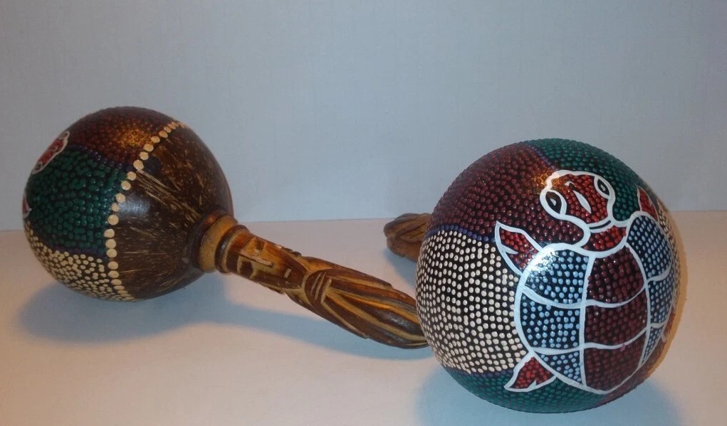 2 Vintage Dance Gourd Hand Shakers Hand Painted Turtles Carved Wood Handles 9"H