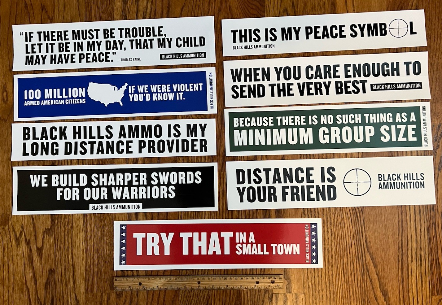 Bundle of 9 Black Hills Ammunition Tactical 15" Bumper Stickers
