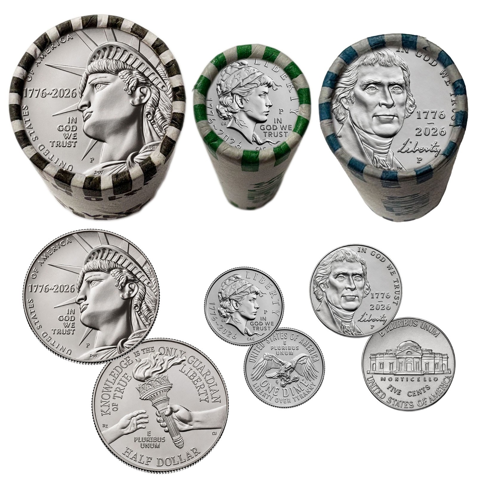 2026-P America 250 Liberty 3 Coin Roll Set BU Half Dollar Dime Nickel 3 ROLL SET