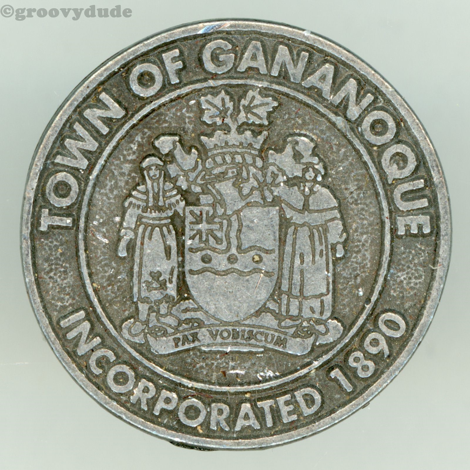 Town of Gananoque Ontario Canada Incorporated 1890 Pewter Color Metal Lapel Pin