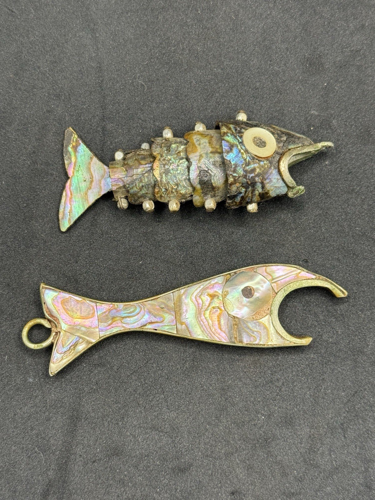 HTF Vtg Small Abalone Fish PENDANTS- Articulated + Fixed Bottle Openers App 3"