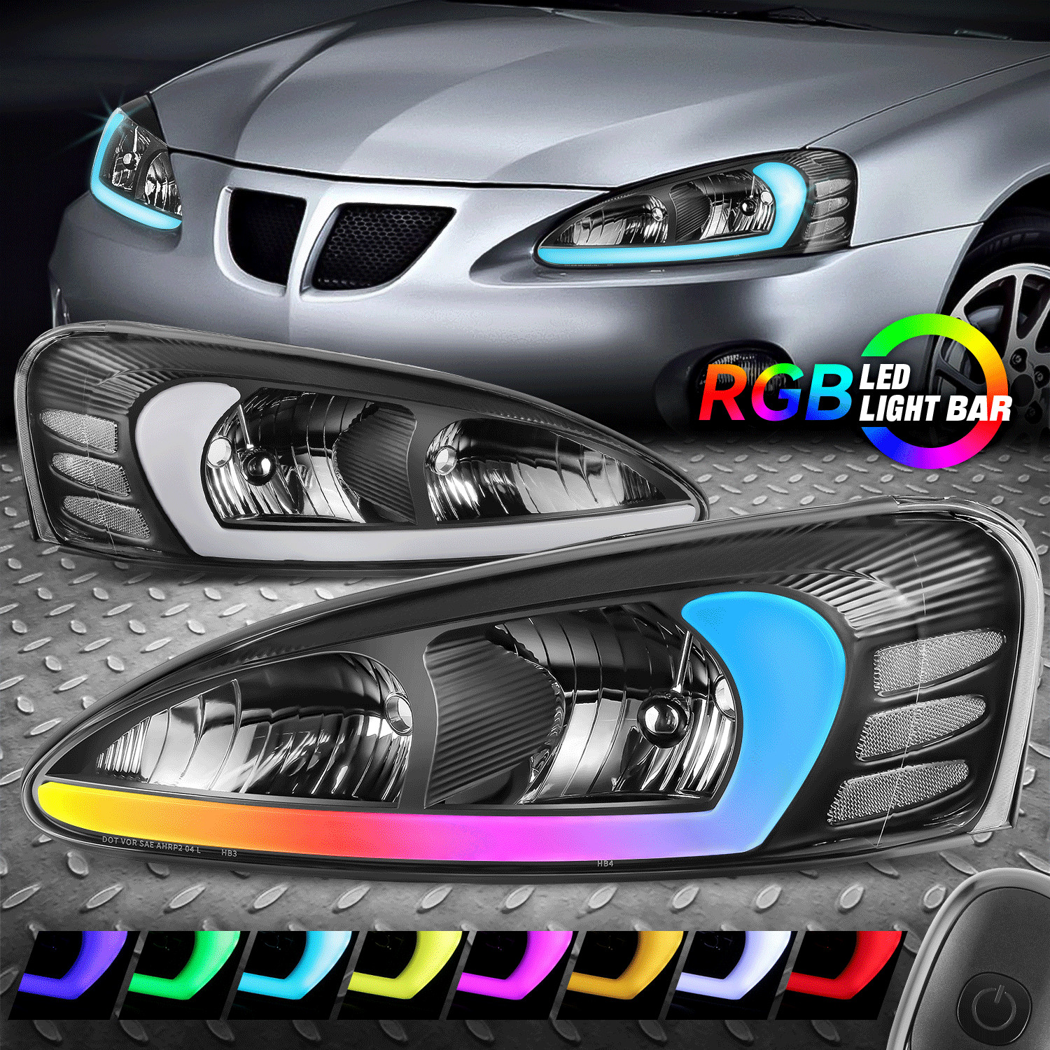 [Sequential Animated Start-Up RGB LED DRL] For 04-08 Grand Prix Headlights Black