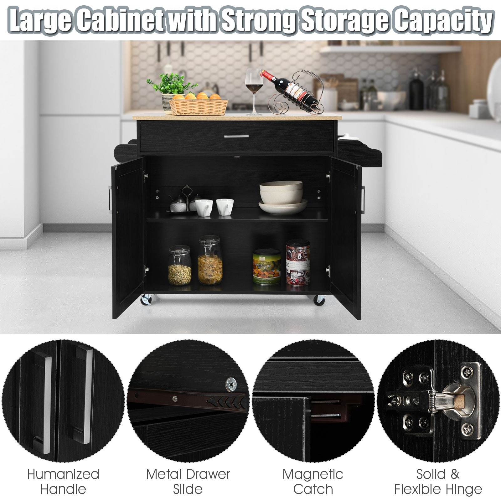 Costway Rolling Kitchen Island Cart Storage Cabinet w/ Towel & Spice Rack Black