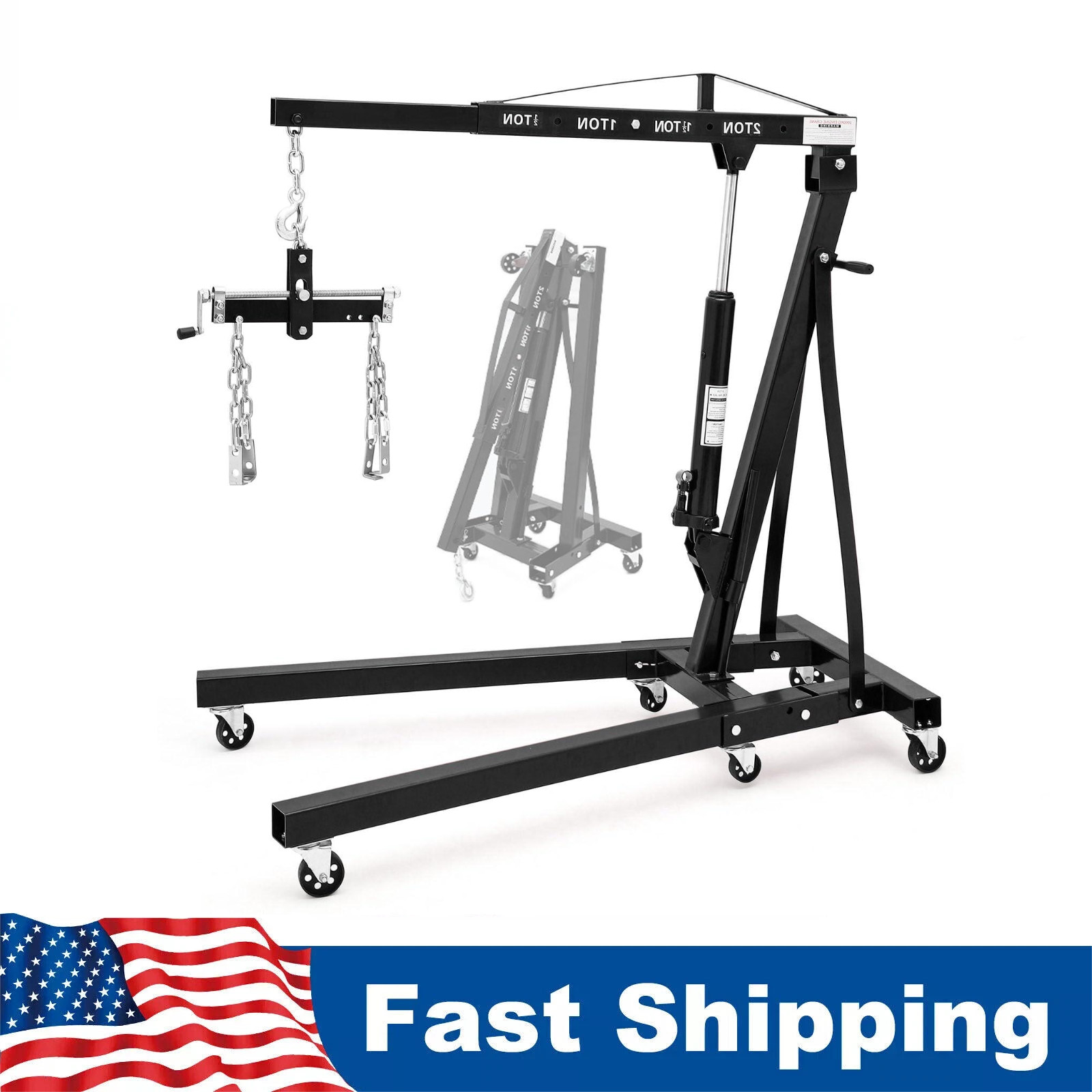 2 Ton Folding Hydraulic Engine Hoist Crane Cherry Picker with Lever & 6 Wheels