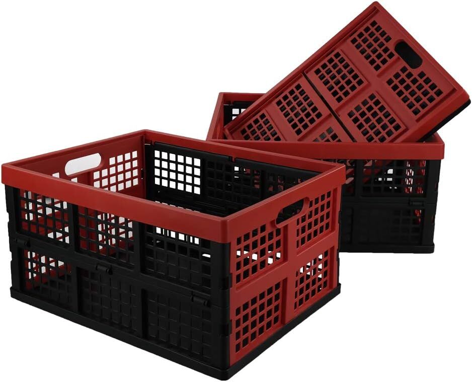 34 Quart Collapsible Storage Bins, Stackable Milk Crate, 3 Packs black, red