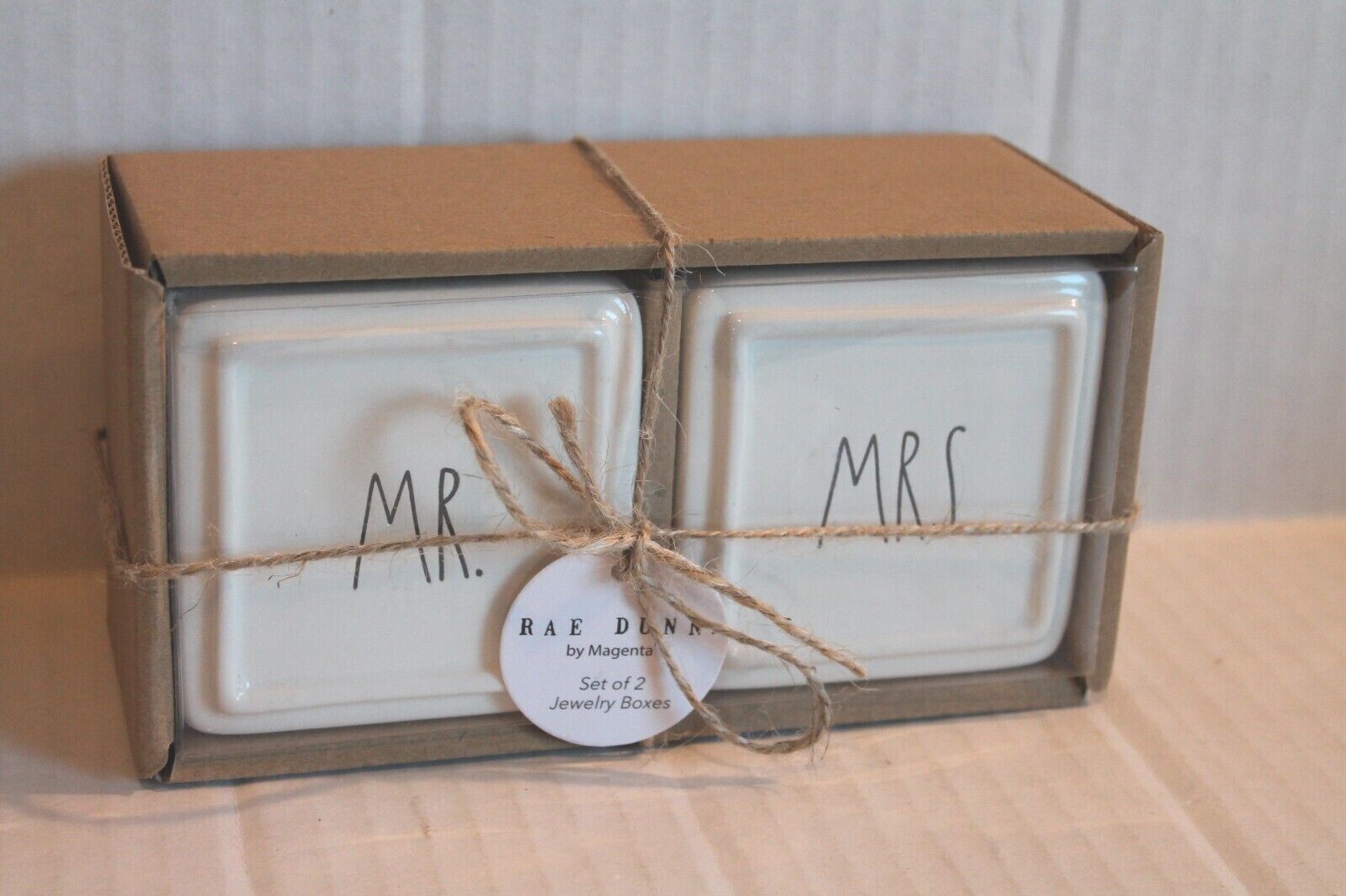 Rae Dunn by Magenta Set of 2 Mr. & Mrs. Jewelry Boxes White Trinket Box Set NEW