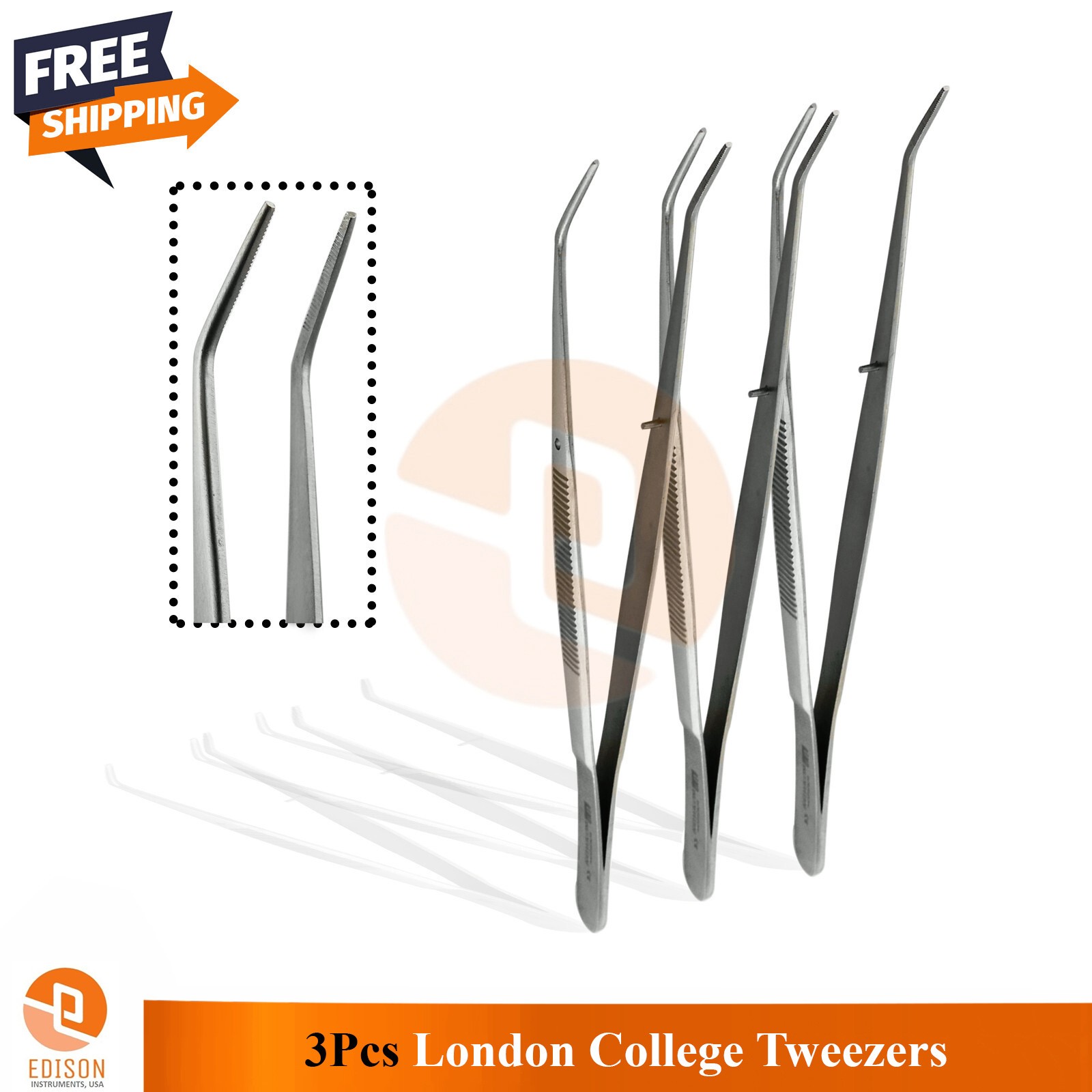 3 Pcs London College Tweezers Serrated Angled  Dental Dressing Forceps Set