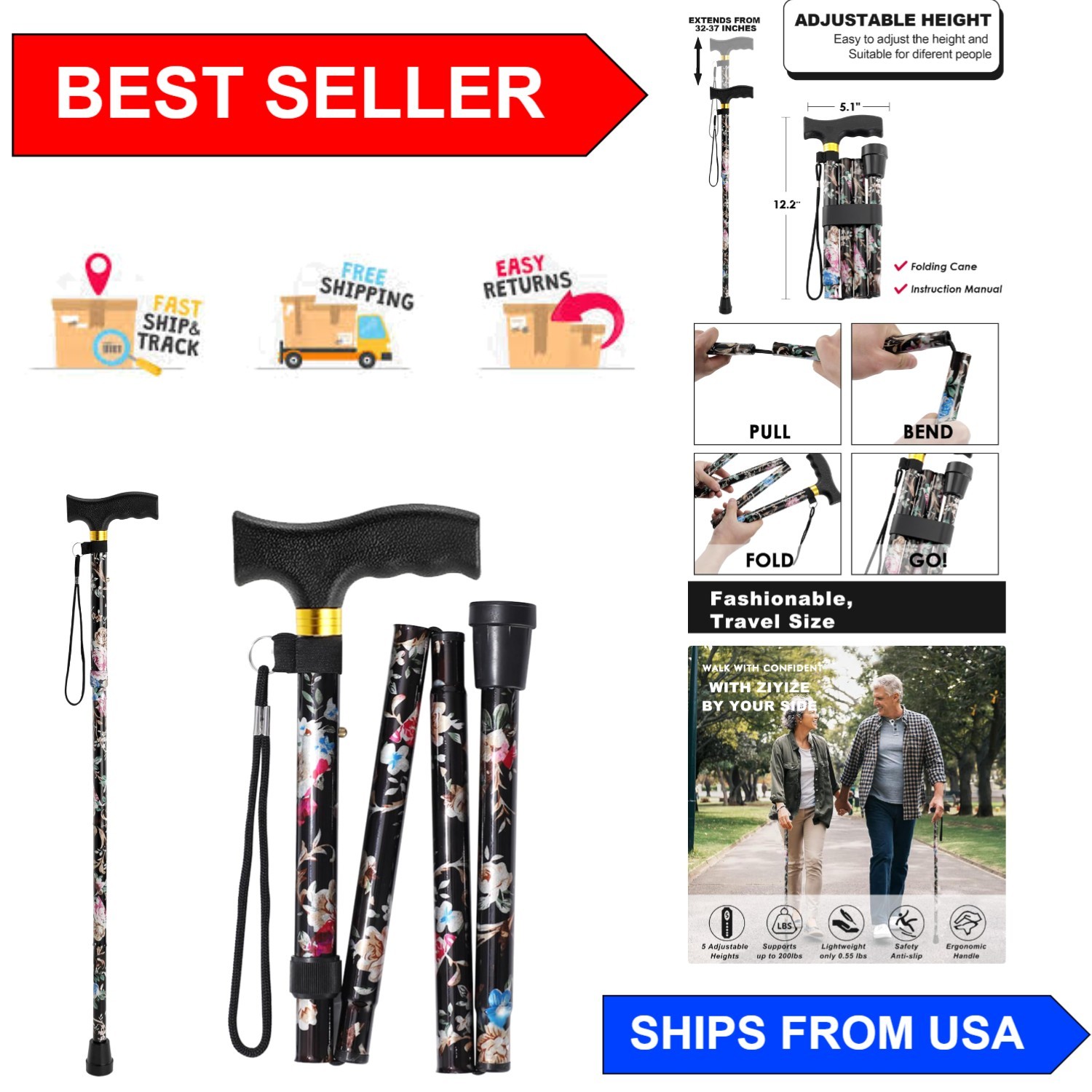 Lightweight Folding Walking Cane with Anti-Slip Handle for Daily Support