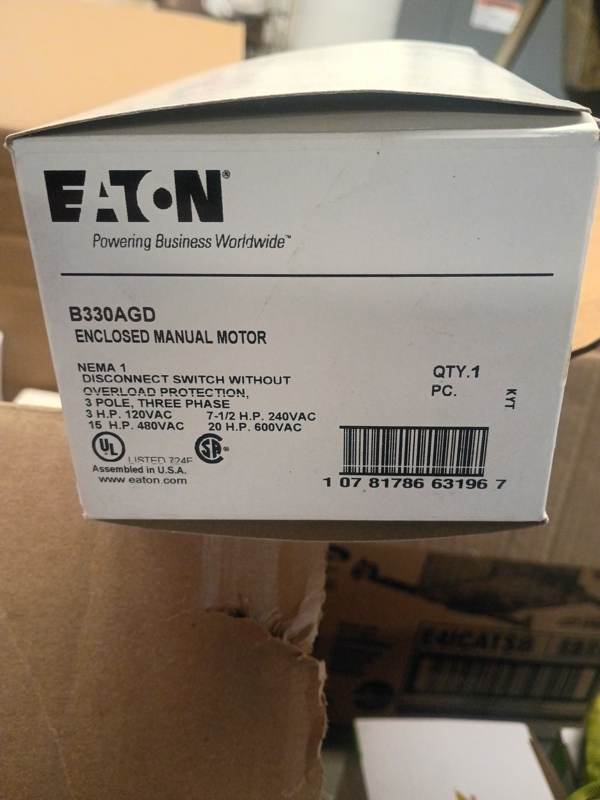 EATON  B330AGD Enclosed Manual Motor Switch 3 Pole 120 240 480 600 Volt