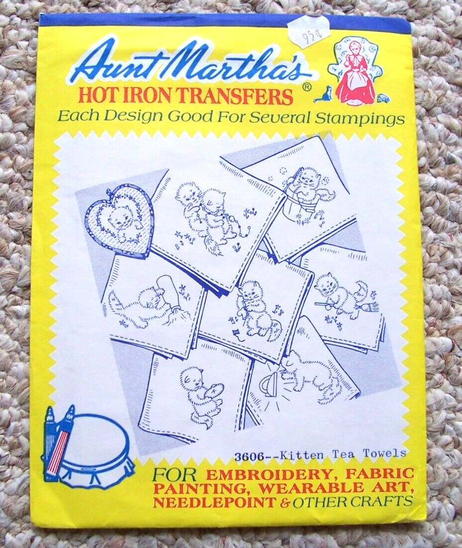 Vintage Aunt Martha's Hot Iron Transfer Pattern Kitten Tea Towels #3606