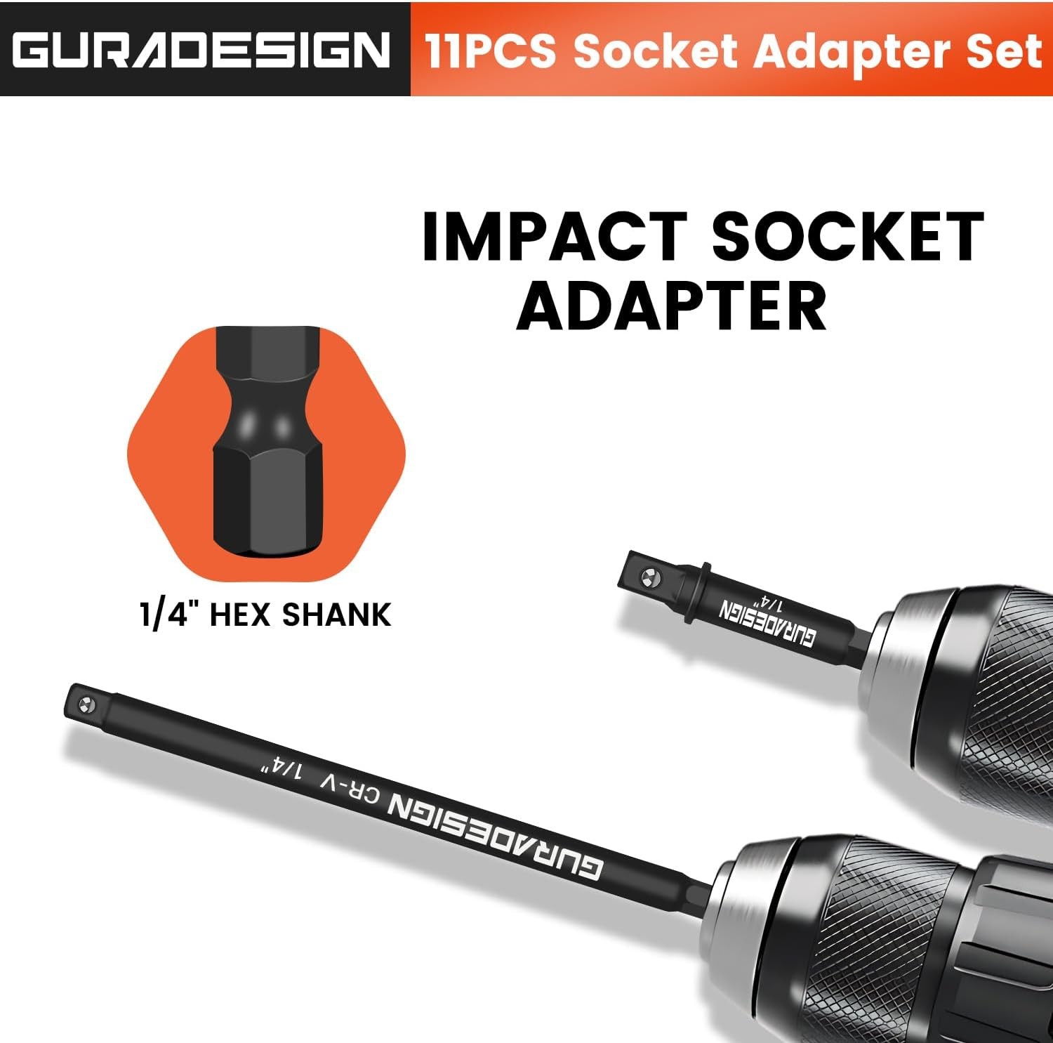 11-Piece Impact Socket Adapter Set - 3/6 Inch Hex Shank, One Size, Black