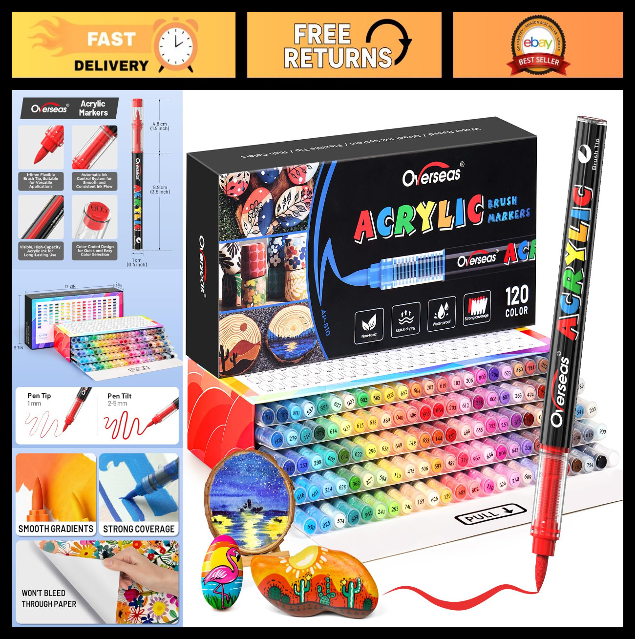 120 Colors Acrylic Paint Markers - Brush Tip, Quick Drying Ink for Rock, Wood, C