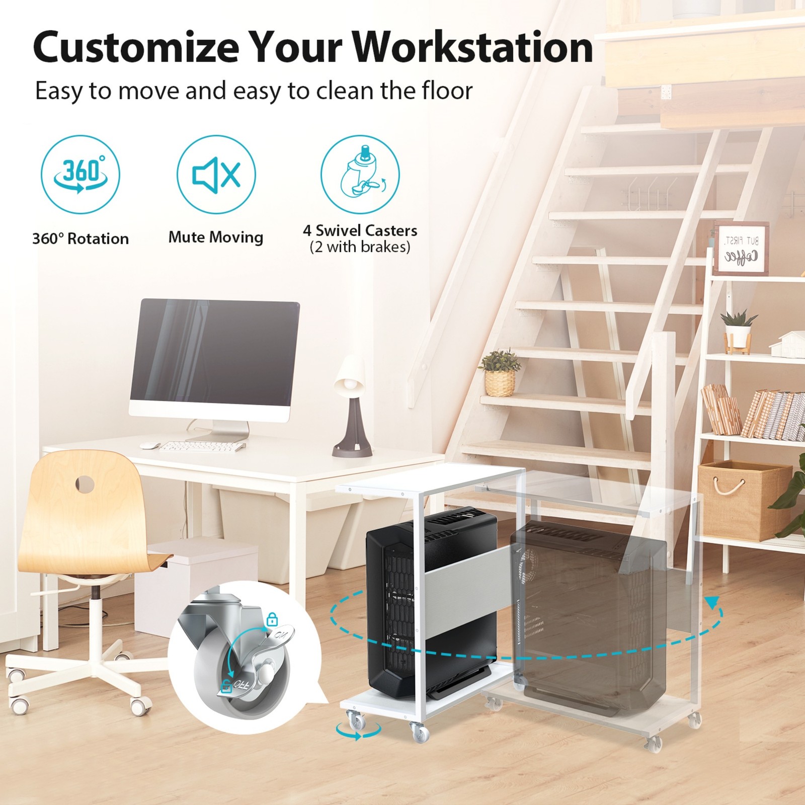 Under Desk CPU Stand, 2-Tier C-Shape Trolley w/ Wheels for Large ATX PC Tower