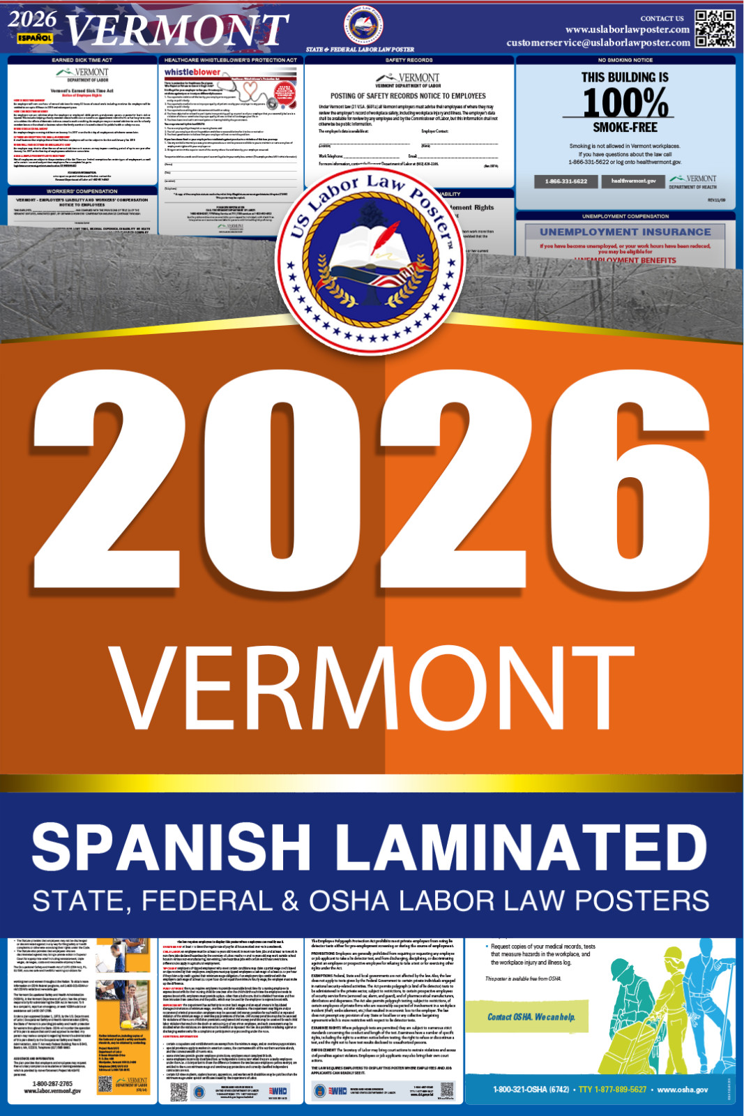 2026 Vermont VT LABOR LAW POSTER (Federal & State) Spanish Laminated