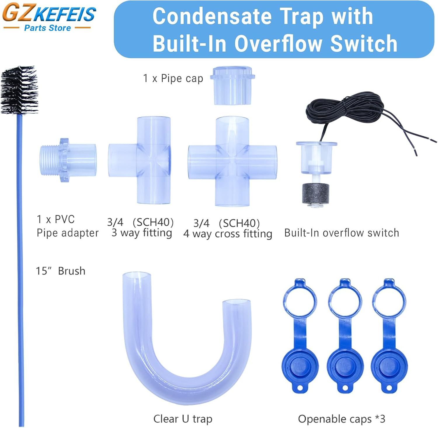 Condensate Trap with Built-In Overflow Switch for HVAC Systems - 3/4 Inch Standa