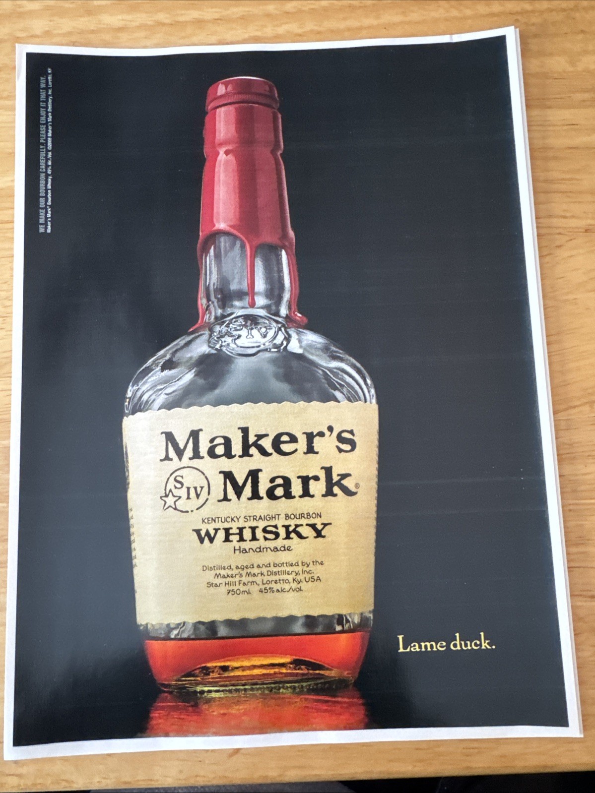 Rare Maker’s Mark Promotional Advertising 8” X 11” Lame Duck Red Wax