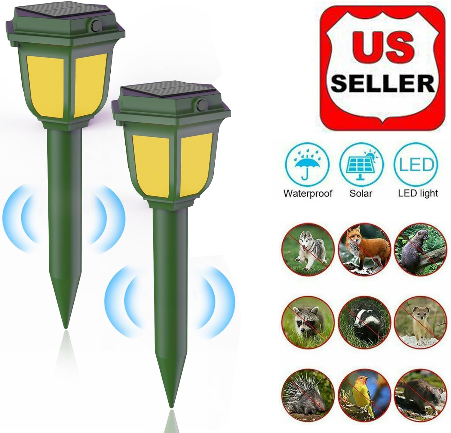 Solar Ultrasonic Animal Repellent w/LED Light Garden Farm Mice Dog Cat Wildlife