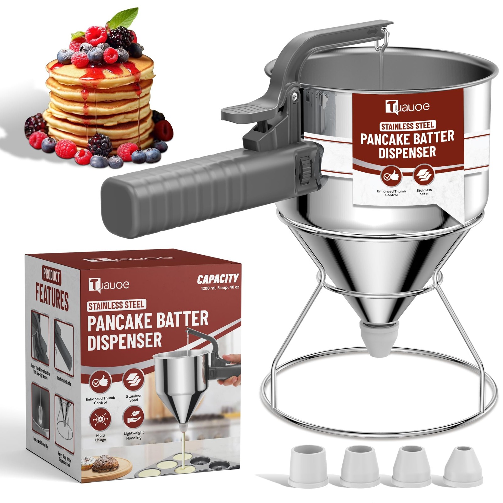 Stainless Steel Pancake Batter Dispenser 40oz Squeeze Handle Space Gray Tool