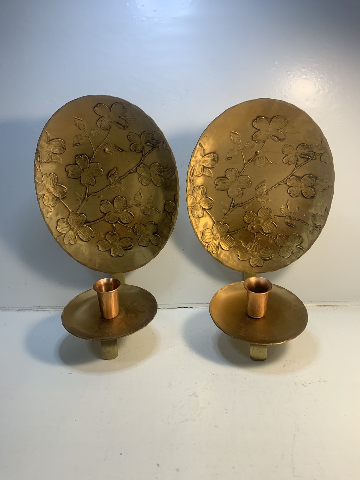 Pair Wendell August Forge DOGWOOD Solid Bronze Hanging Candle Holder Wall Sconce