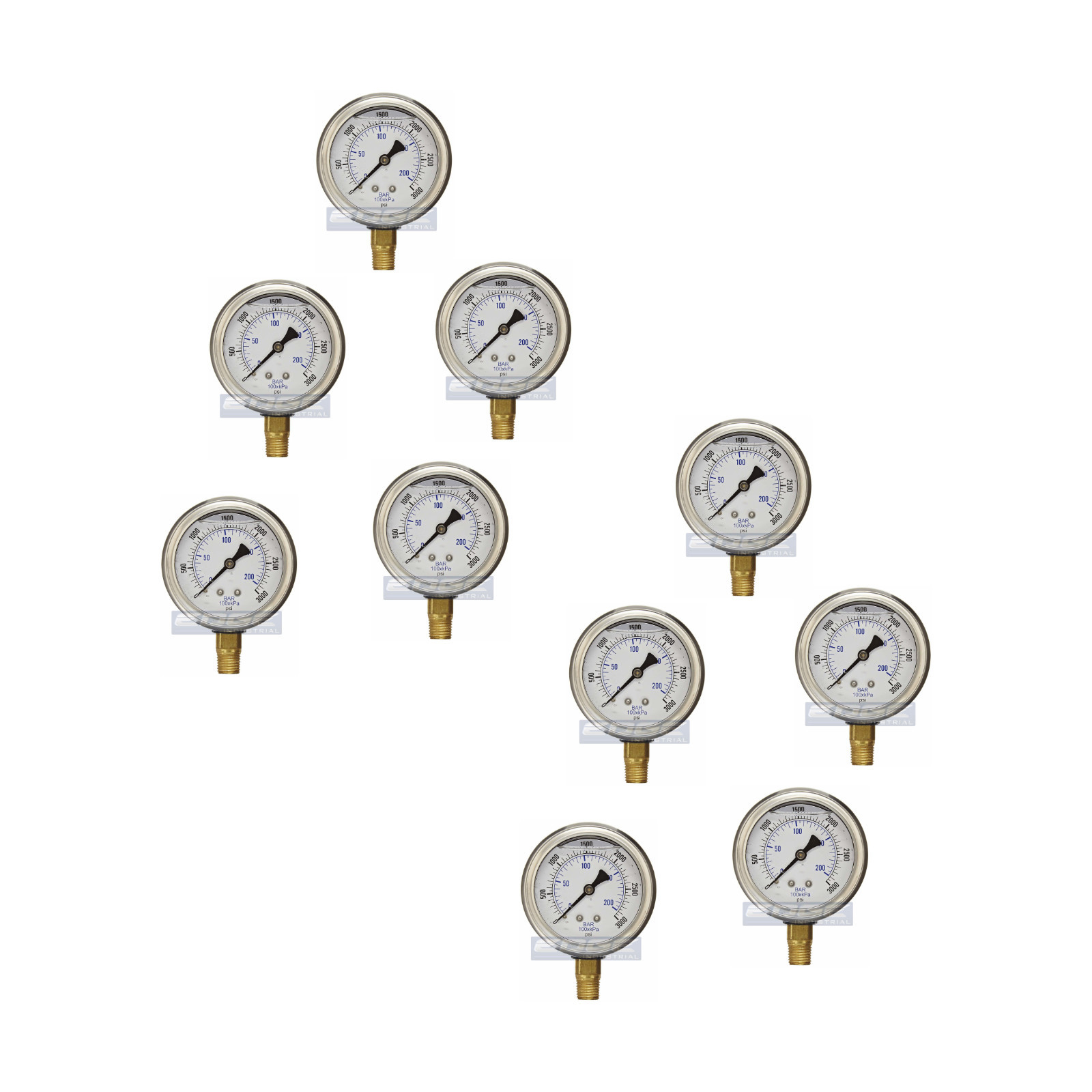 10 PACK LIQUID FILLED PRESSURE GAUGE 0-3,000 PSI, 2.5" FACE, 1/4" LOWER MOUNT