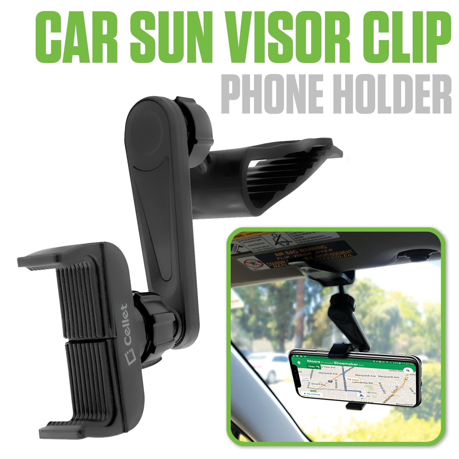 Cellet Car Sun Visor Clip Phone Holder 360° Rotating Mount for device up to 4.7"