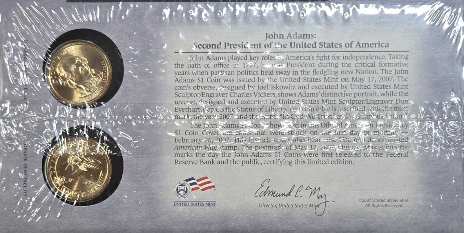 2007 P&D John Adams Presidential Dollars - Sealed First Day Cover # A-413