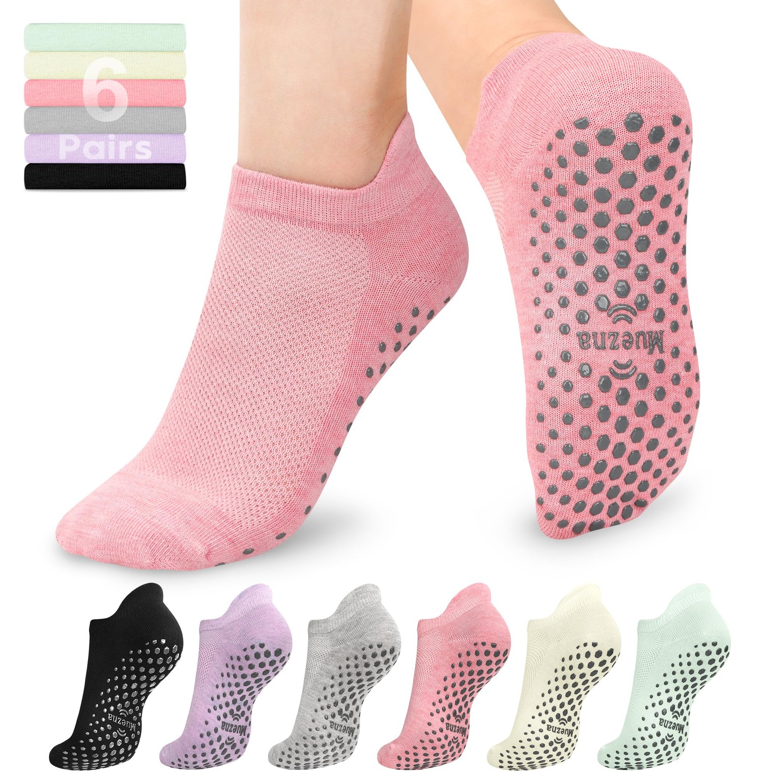 Muezna 6 Pairs Pilates Grip Large, 6 Pairs-black/Beige/Pink/Green/Purple/Grey