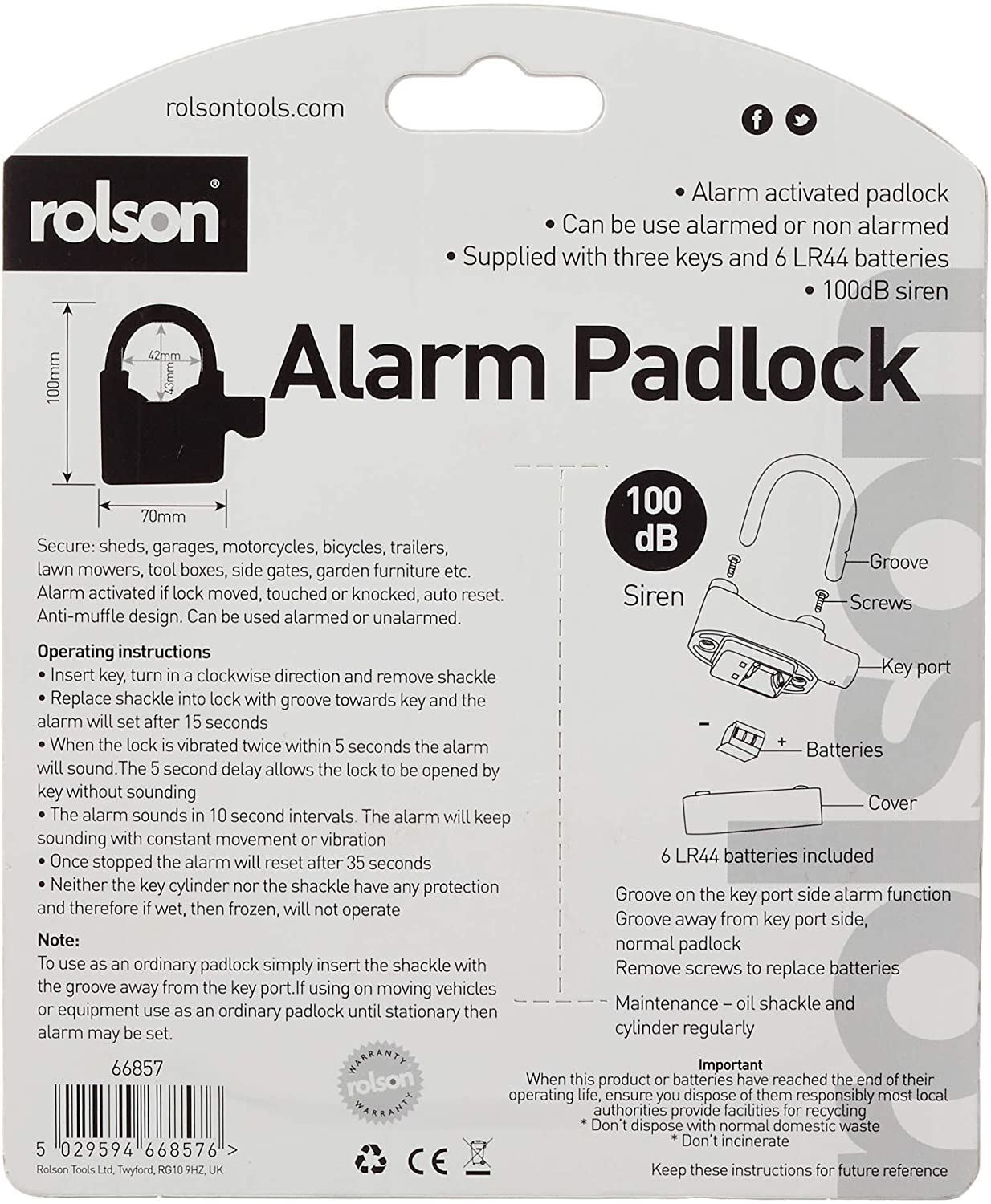 NEW Rolson Heavy Duty Alarm Padlock