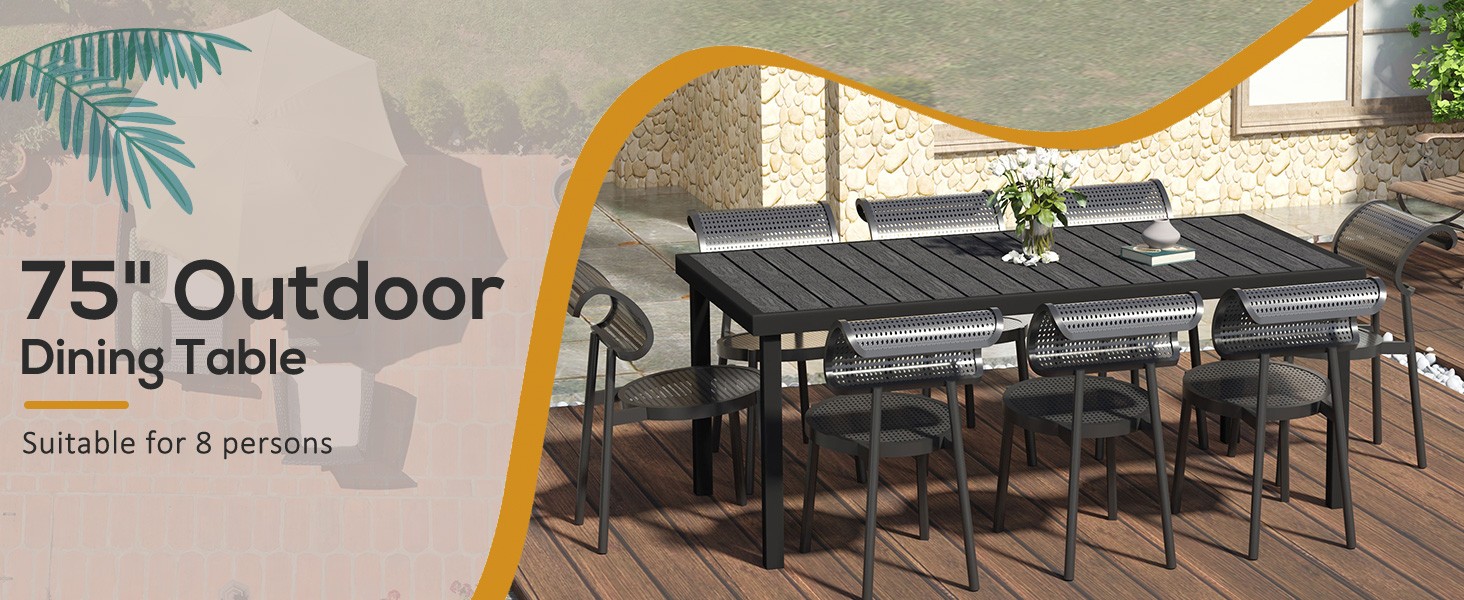 75" x 35" Outdoor Dining Table for 8 People, Rectangular Aluminum Frame Garden