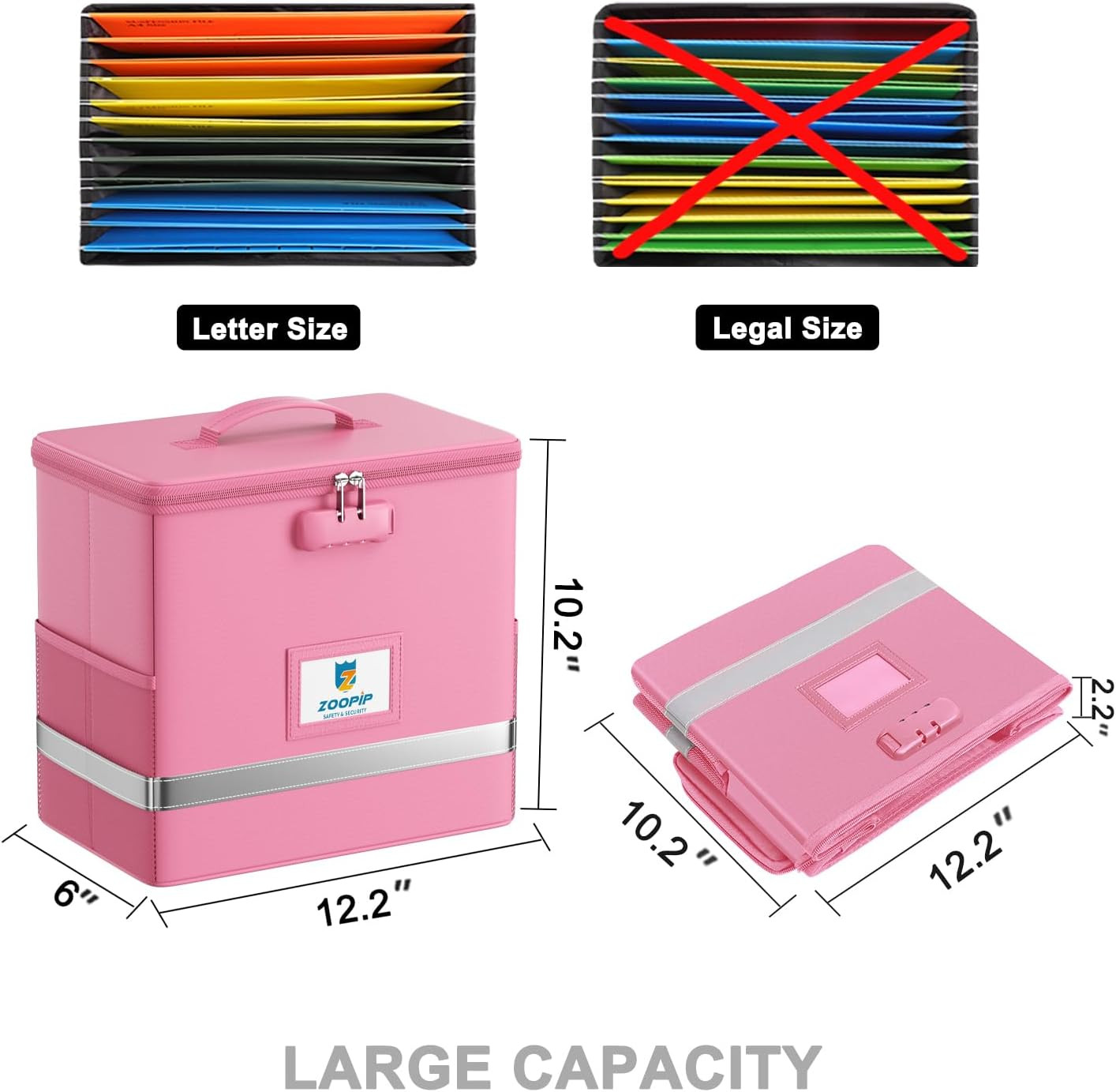 Fireproof File Box with Lock Document Box Storage Organizer(12.2"*6"*10.2 Pink)