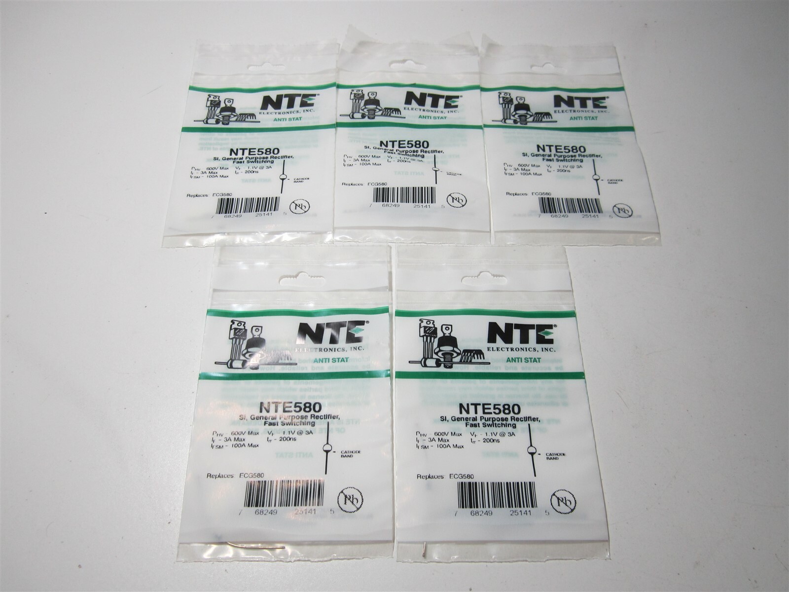 NCE Electronics NTE580 600V 3A Fast Recovery 150ns Silicon Rectifier (Lot of 5)