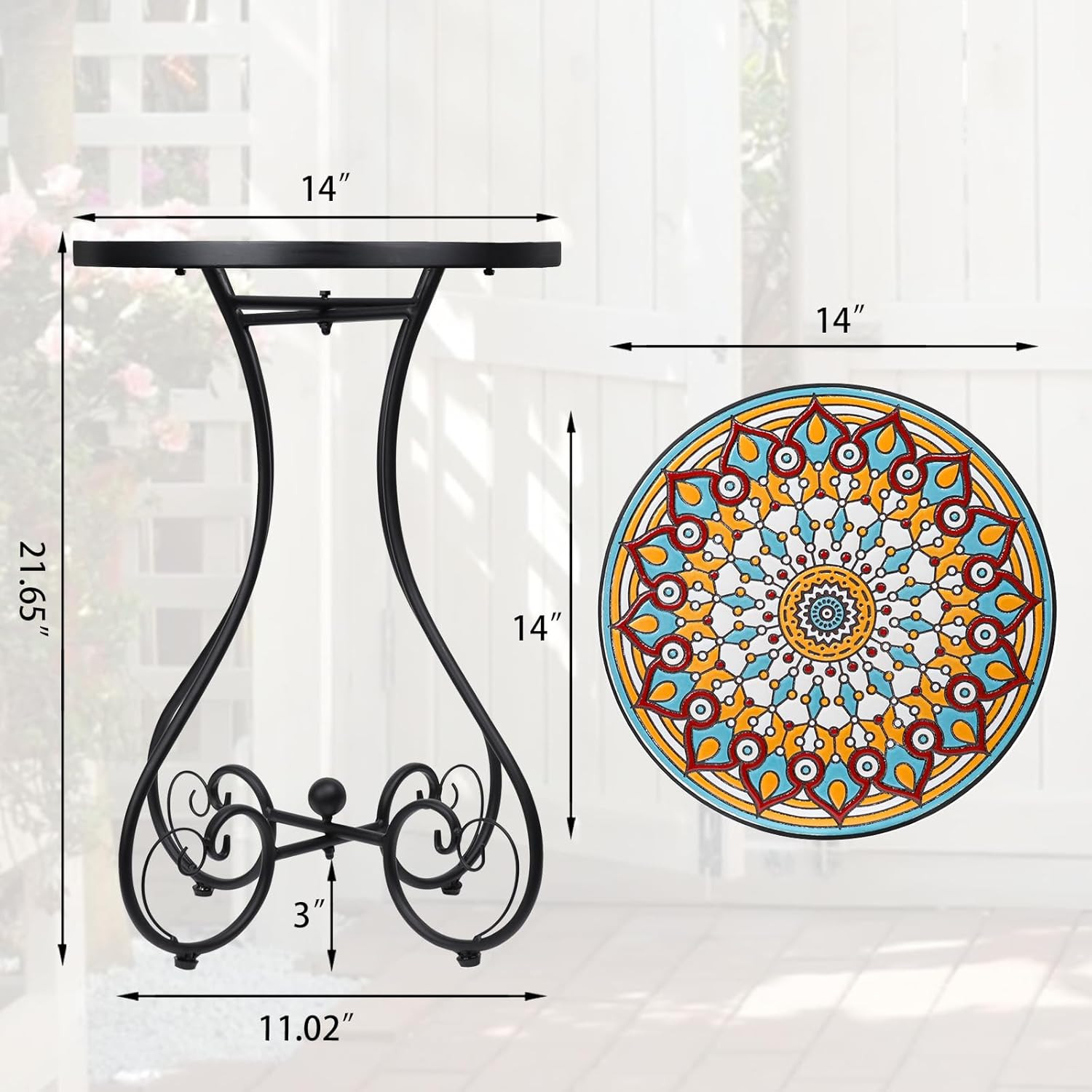 Mosaic Outdoor Side Table Round Rustproof Patio Table 14 Ceramic Multi Color