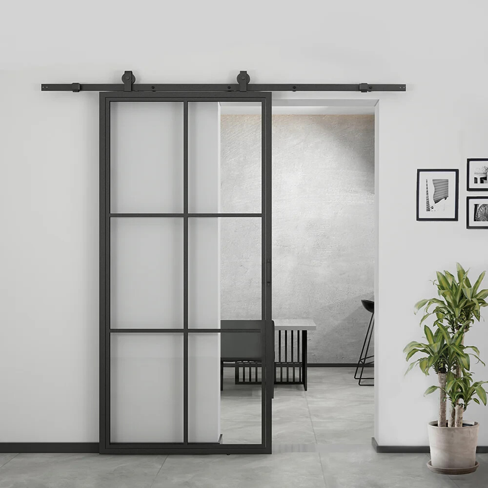 37 in. x 84 in. 6-Lite Tempered Glass Barn Door Steel Frame Sliding Hardware Kit