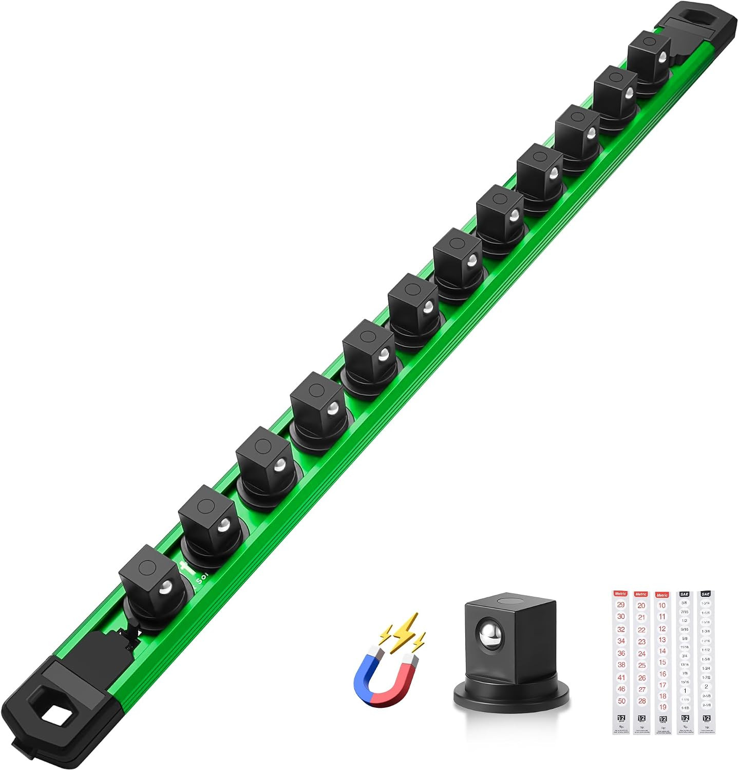 Magnetic Socket Organizer, 1/2” Aluminum Alloy Rail, 12 Clips | Heavy-Duty Socke