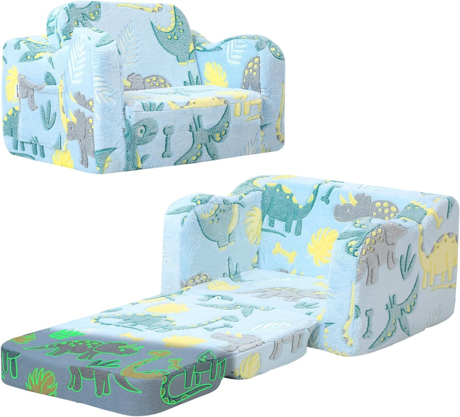 Glowing Dinosaur Kids Chair 2-in-1 Convertible Kids Couch Fold Out to Lounger