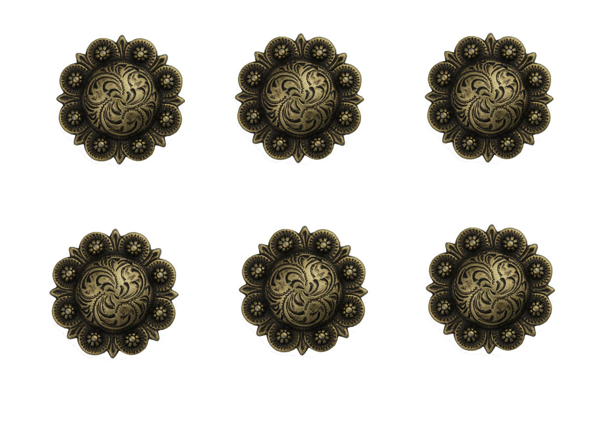 Set of 6 WESTERN SADDLE HORSE TACK 1-1/2" ANTIQUE BRASS ENGRAVED BERRY CONCHOS