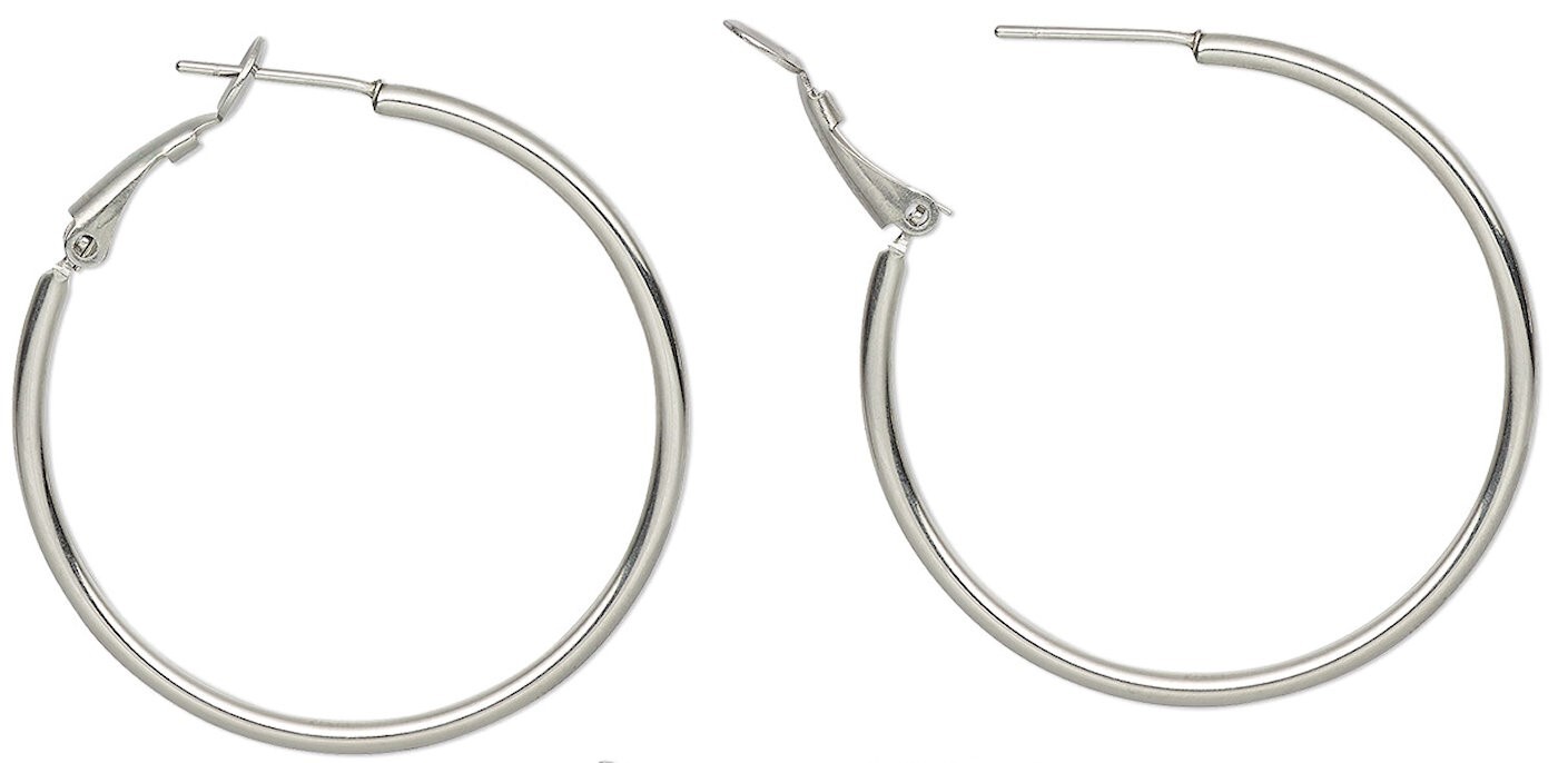 1 Pair Silver Plated Steel 40mm Round Hoop Earrings with Latch Closure *