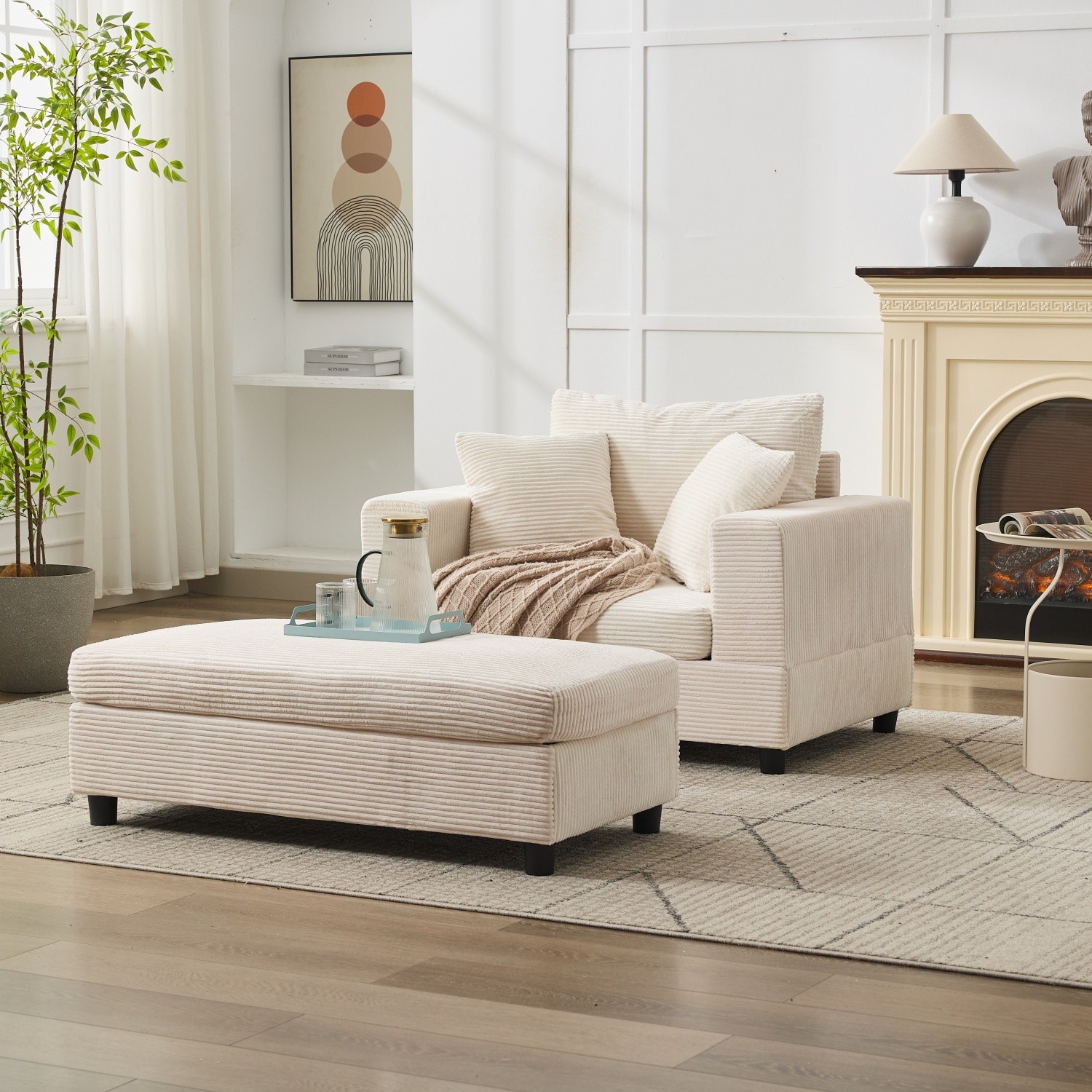 Modern Upholstered Chaise Lounge Armchair with Removable Ottoman for Living Room