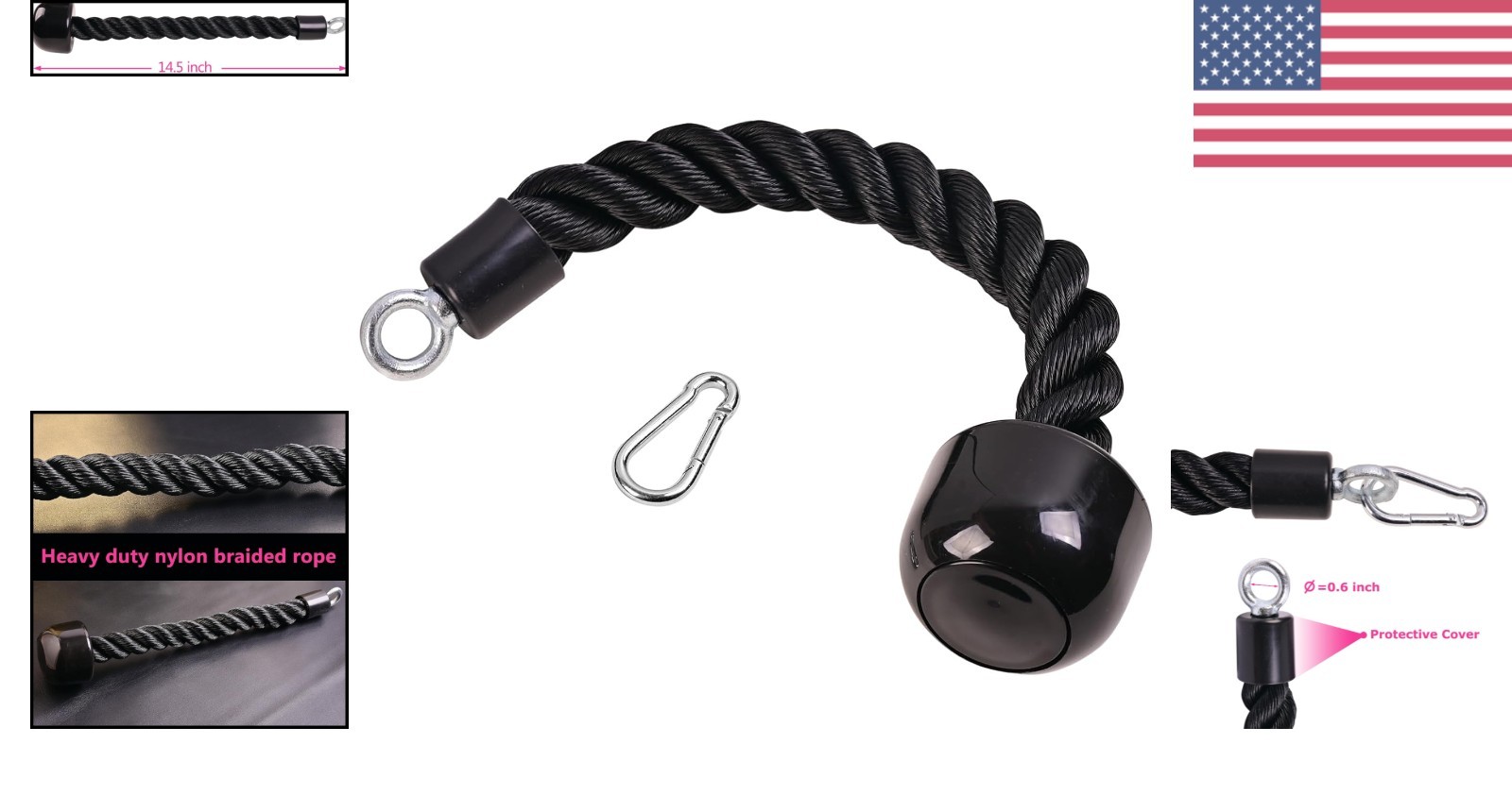 Heavy Duty 63 Inch Tricep Push Down Rope with Rubber Grip - Face Pulls Made Easy