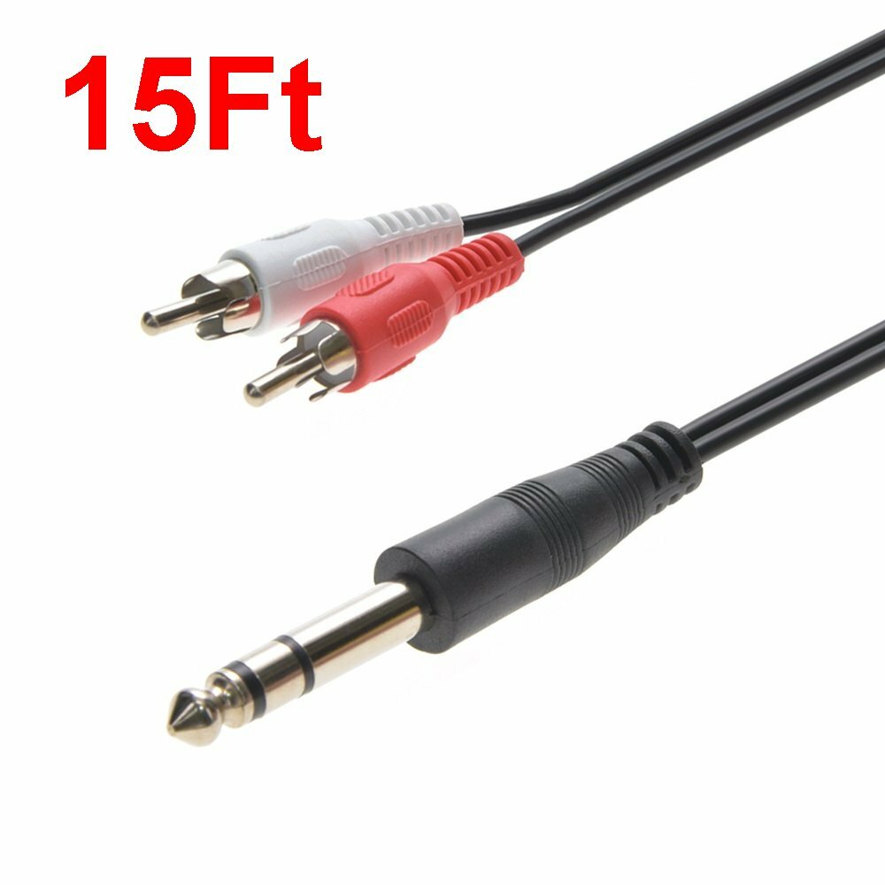15FT 1/4" (6.35mm) Stereo Male to 2-RCA L+R Male Plug Dj Guitar Cable Audio Cord